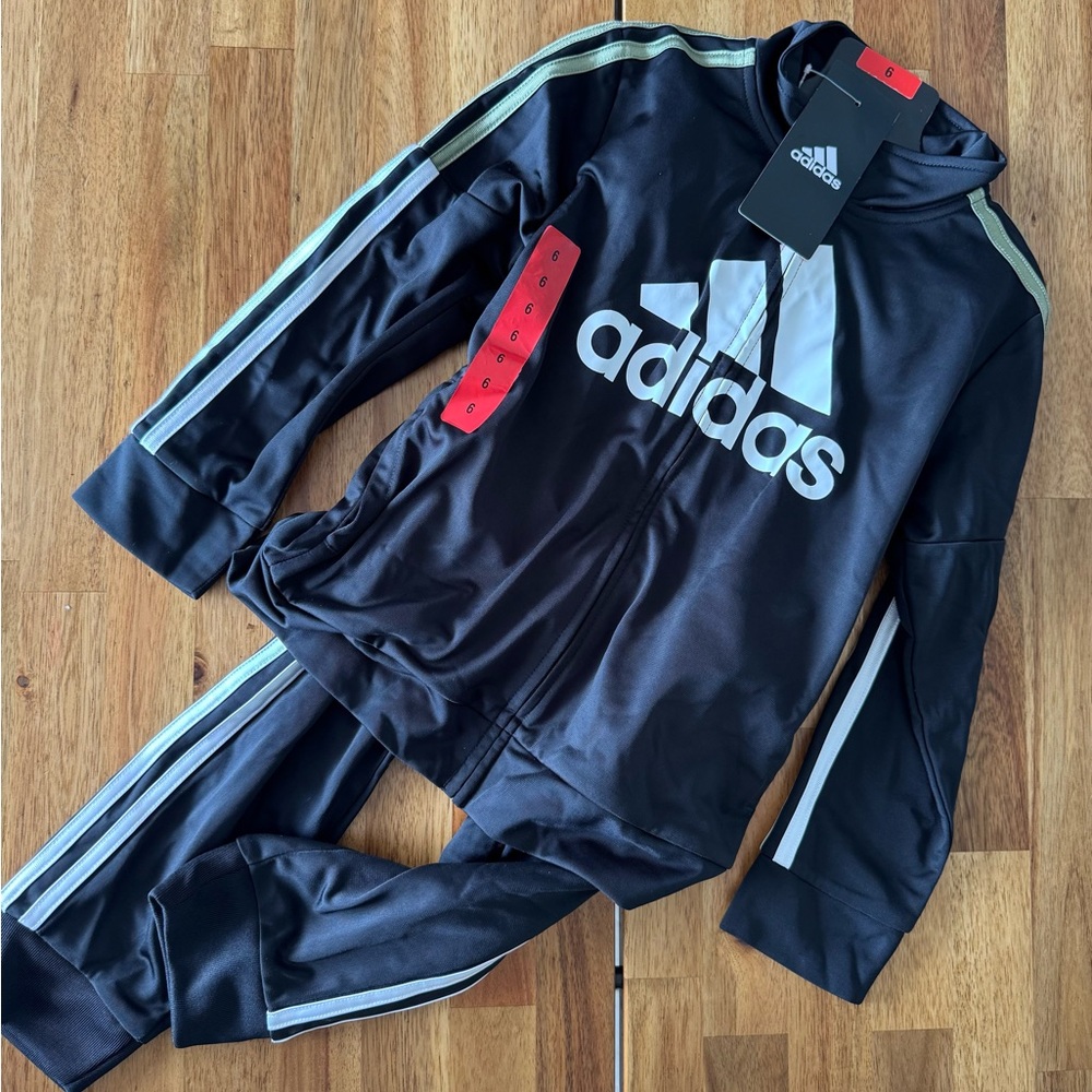 KIDS Adidas Black Tracksuit with White and Green Stripes